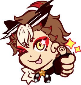 A chibi head of Kafé, winking and sticking out his tongue while making a thumbs up. He has sunglasses on top on his head.