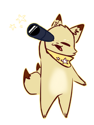 Image of Kapun, a small golden fox with three tails, happily looking at the stars through a spyglass.